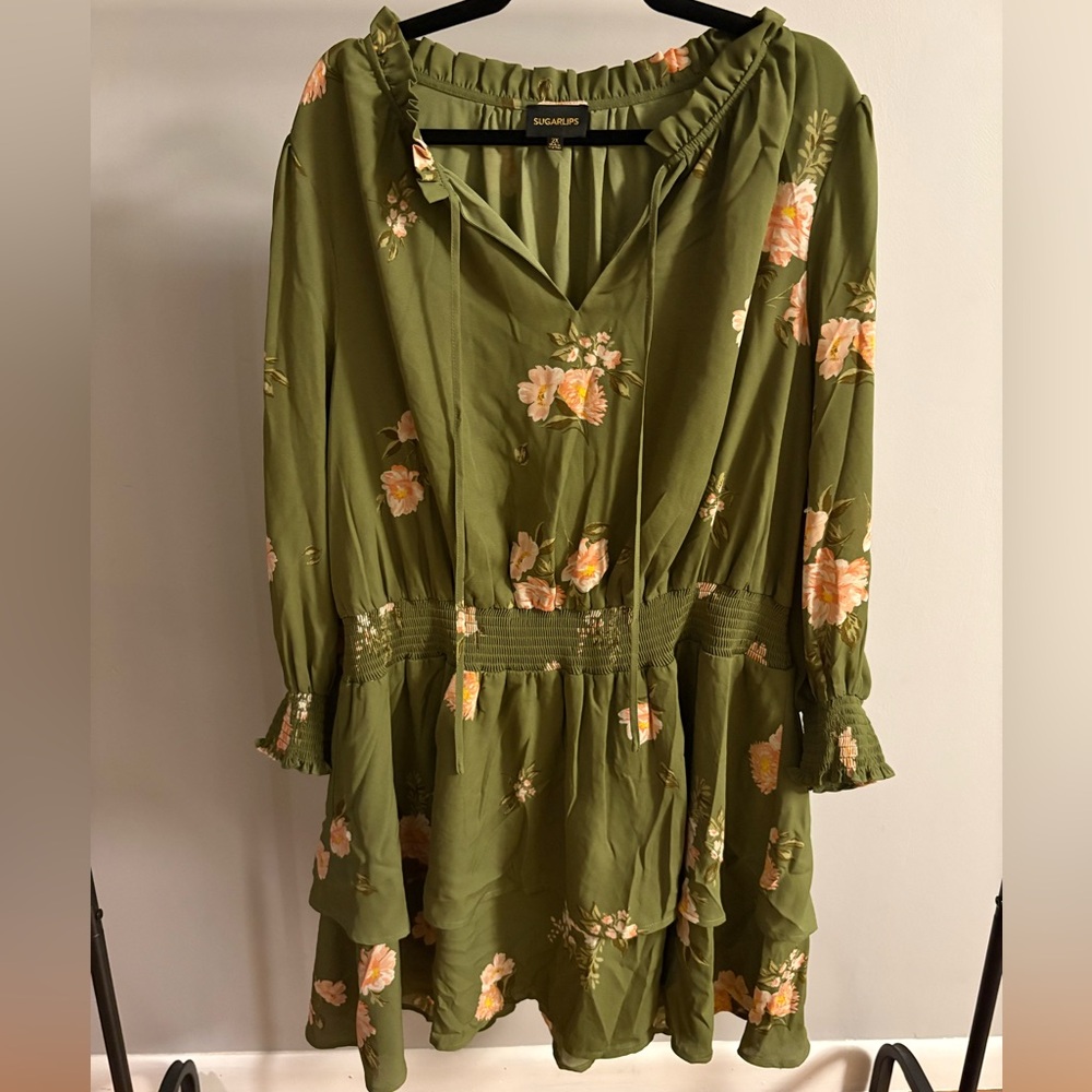 Sugarlips Olive Green Floral Tiered Long Sleeve Dress